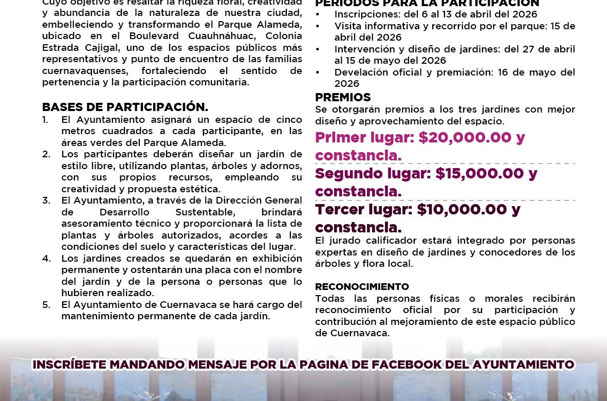 Invitan a transformar el Parque Alameda con concurso “Cuernavaca Florece 2026”