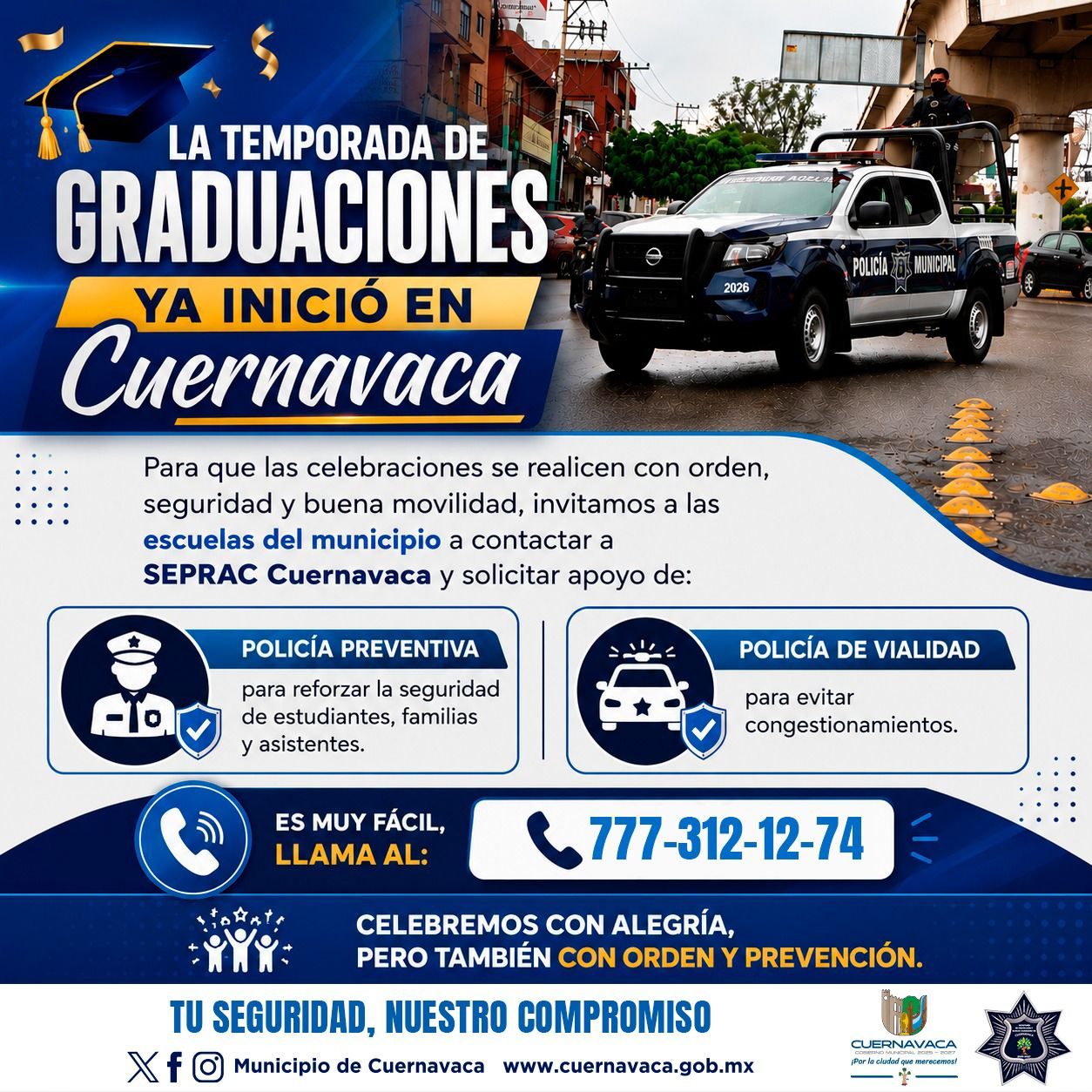 La SEPRAC activa operativos viales y de seguridad gratuitos para proteger las graduaciones escolares en Cuernavaca