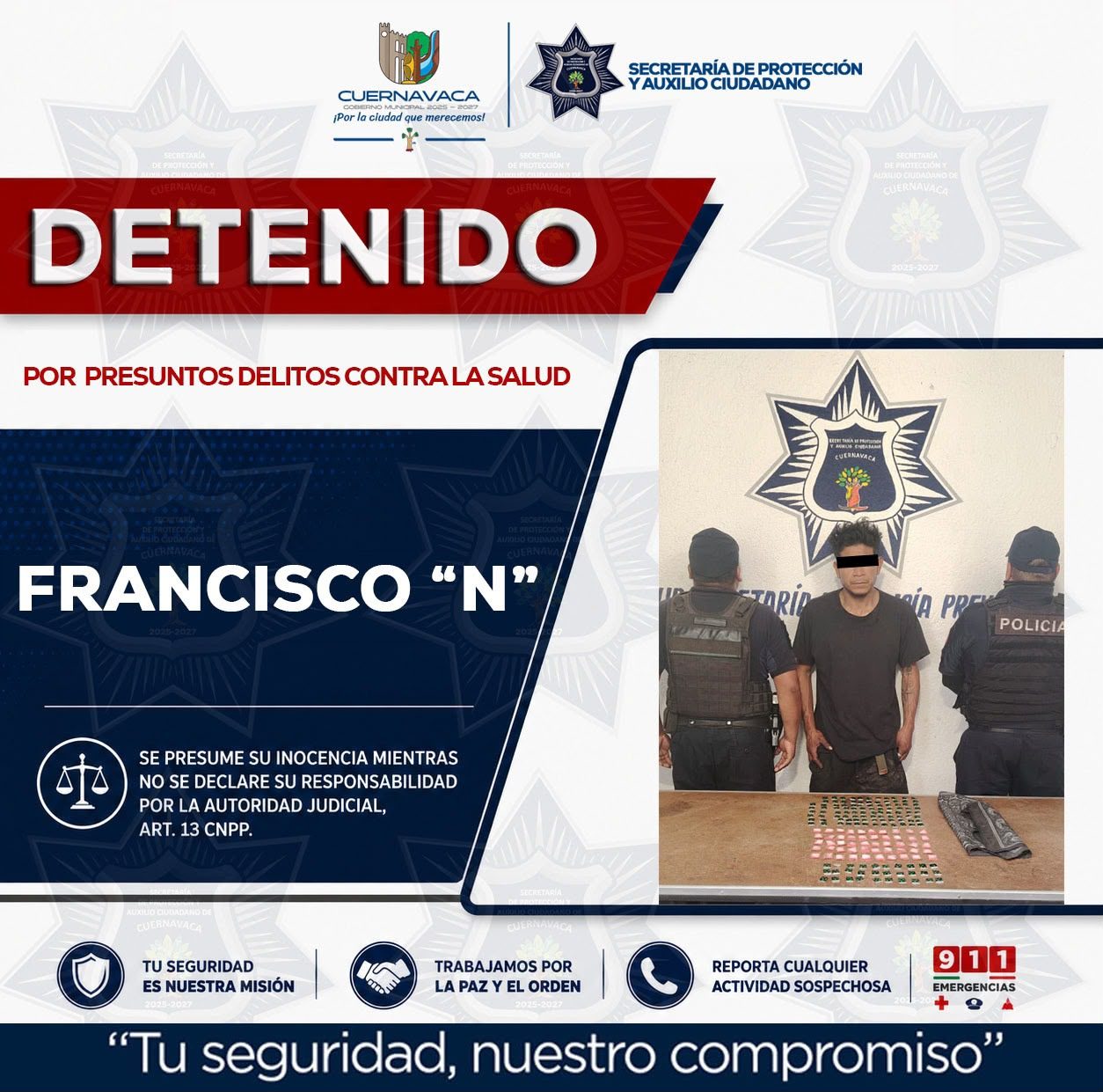 Policía Preventiva detiene a un presunto narcomenudista con 174 dosis de cristal en la colonia Reforma